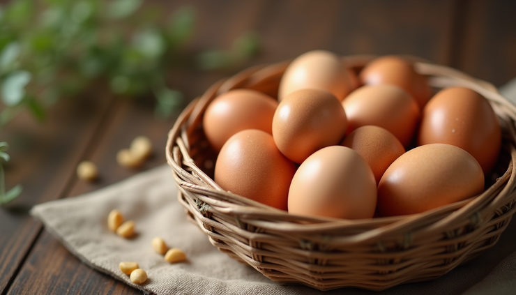 Eye-level view telur ayam segar dalam keranjang bambu