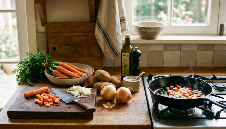 Eye-level view of a cozy home kitchen counter with vegetables, a cutting board, and a simple skillet.