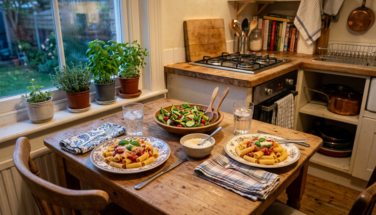 Wide-angle view of a small kitchen table set with a casual homemade dinner and mismatched plates.