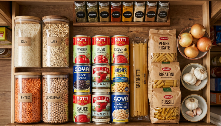 Overhead view of a tidy pantry shelf with rice, beans, canned tomatoes, oats, and spices.
