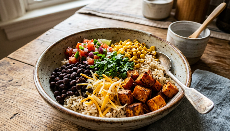 Close-up of a simple rice bowl with beans, roasted vegetables, shredded cheese, and salsa.