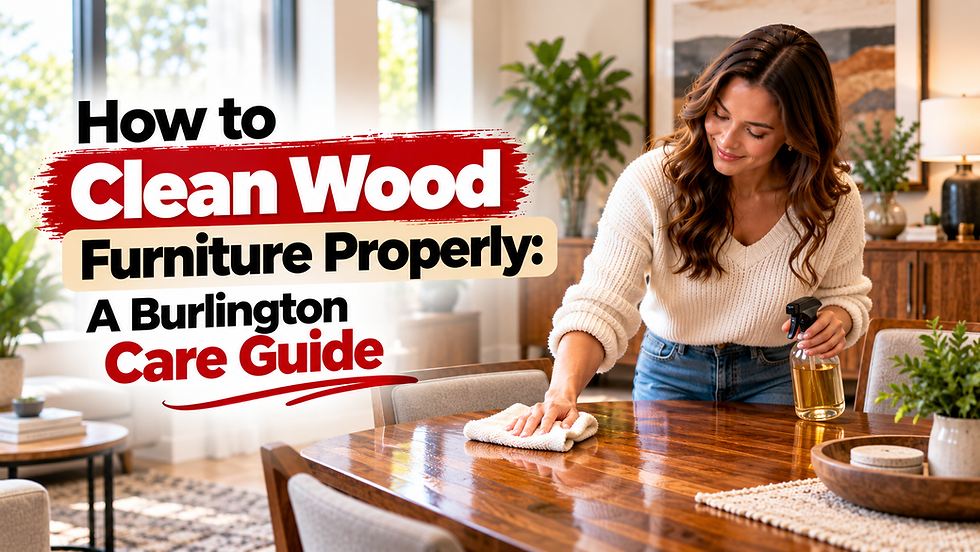 How to Clean Wood Furniture Properly: A Burlington Care Guide by Liz @ Home Burlington, showing a woman wiping a wood dining table with a soft cloth.