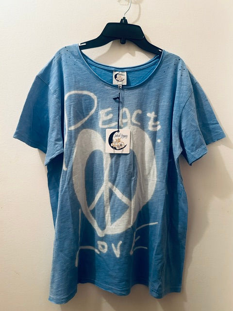 Jaded Gypsy Moon Dance Peace and Love Sky Blue Soft Cotton Tee