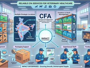 Infographic of veterinary CFA services showing warehousing, packaging, and distribution with staff, maps, and charts in a busy facility.