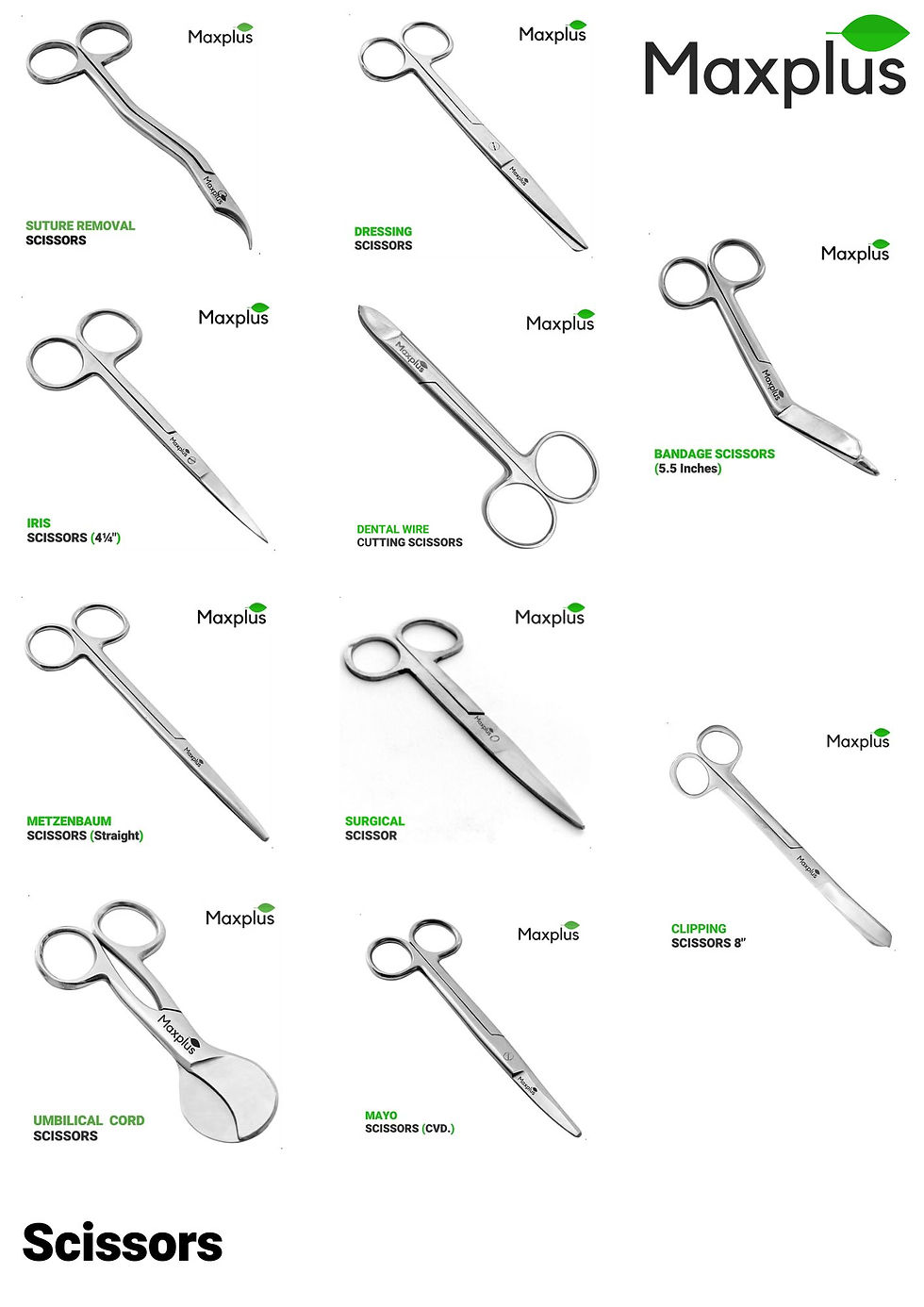 Max Plus product sheet showing various stainless steel surgical scissors on white background, labeled suture, dressing, iris, Mayo.