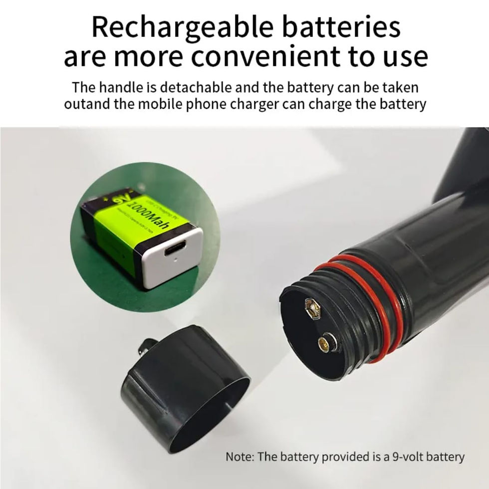 Rechargeable battery with green label next to a black detachable handle. Text highlights convenience and mobile charging compatibility.