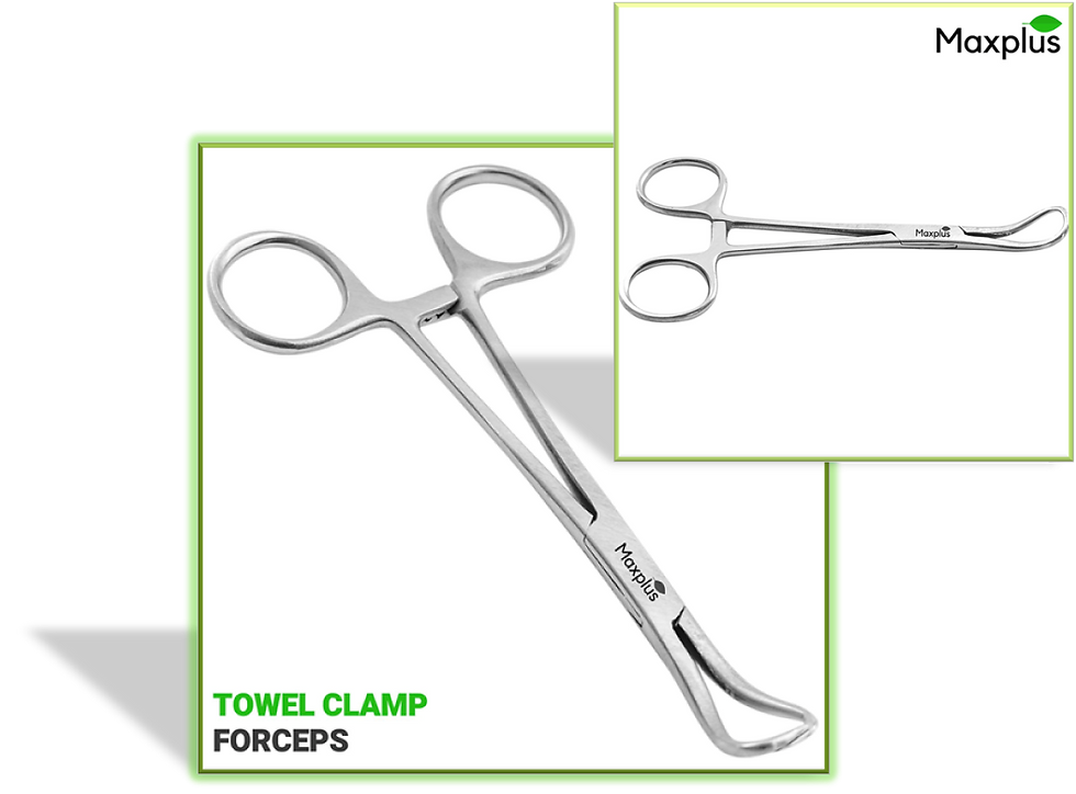 Stainless steel towel clamp forceps by Max Plus, featuring a sleek design ideal for secure gripping during medical procedures.