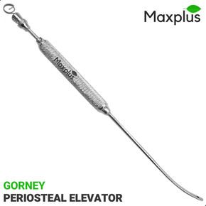 Silver Gorney periosteal elevator with textured handle on white background. Max Plus logo and text "Gorney Periosteal Elevator."