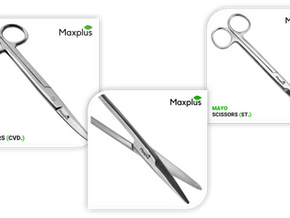 A display of high-quality Max Plus Mayo Scissors, featuring both curved and straight designs.