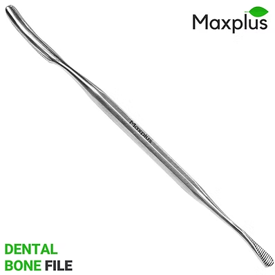Silver dental bone file on white background. "Max Plus" text on the handle. "DENTAL BONE FILE" in green and black text nearby.