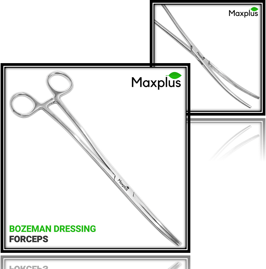 Bozeman Dressing Forceps by Max Plus, featuring a sleek, curved design for precise medical applications.