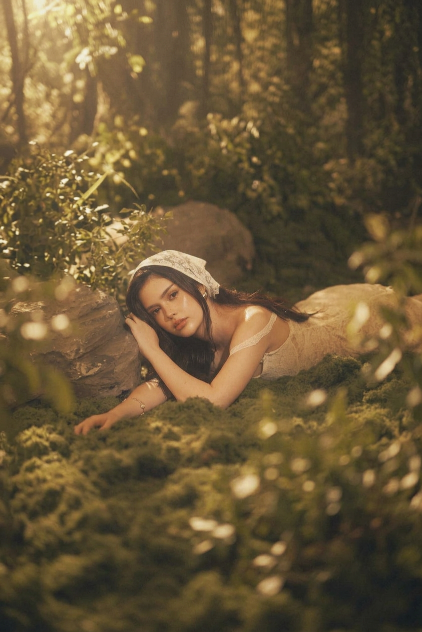 Young woman in white dress reclining on forest moss