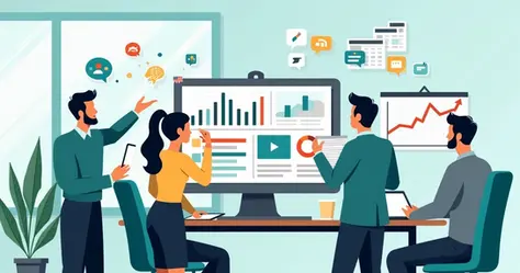 Ilustração plana corporativa mostrando pessoas trabalhando com estratégias de marketing digital, incluindo computador, redes sociais, gráficos e funil de vendas 