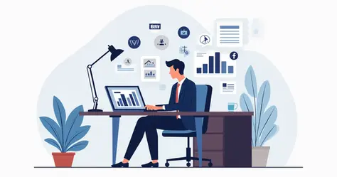 Ilustração corporativa plana de advogado com laptop mostrando gráficos digitais em tela e ícones de comunicação e redes sociais ao redor 