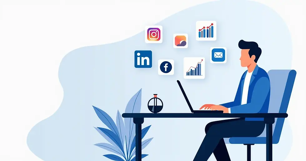 Ilustração corporativa de advogado usando computador com gráficos e ícones de redes sociais em fundo moderno 