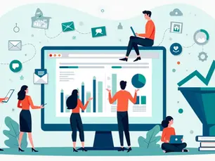 Ilustração corporativa flat mostrando integração de CRM no marketing com dados centralizados e gráficos de crescimento