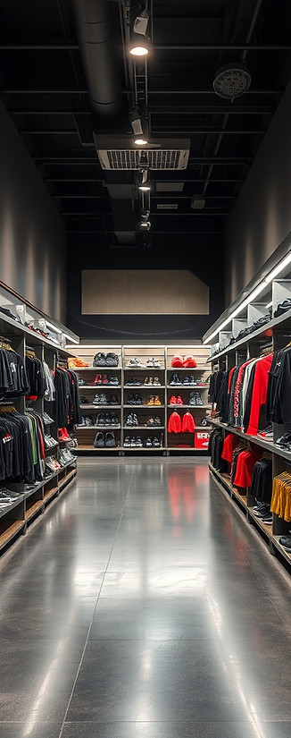 aTHLETIC STORE HALLWAY WITH SHELVES WITHW ATLHETIC SPORTS ON THE SIDE, WITH WELL LIT PLA