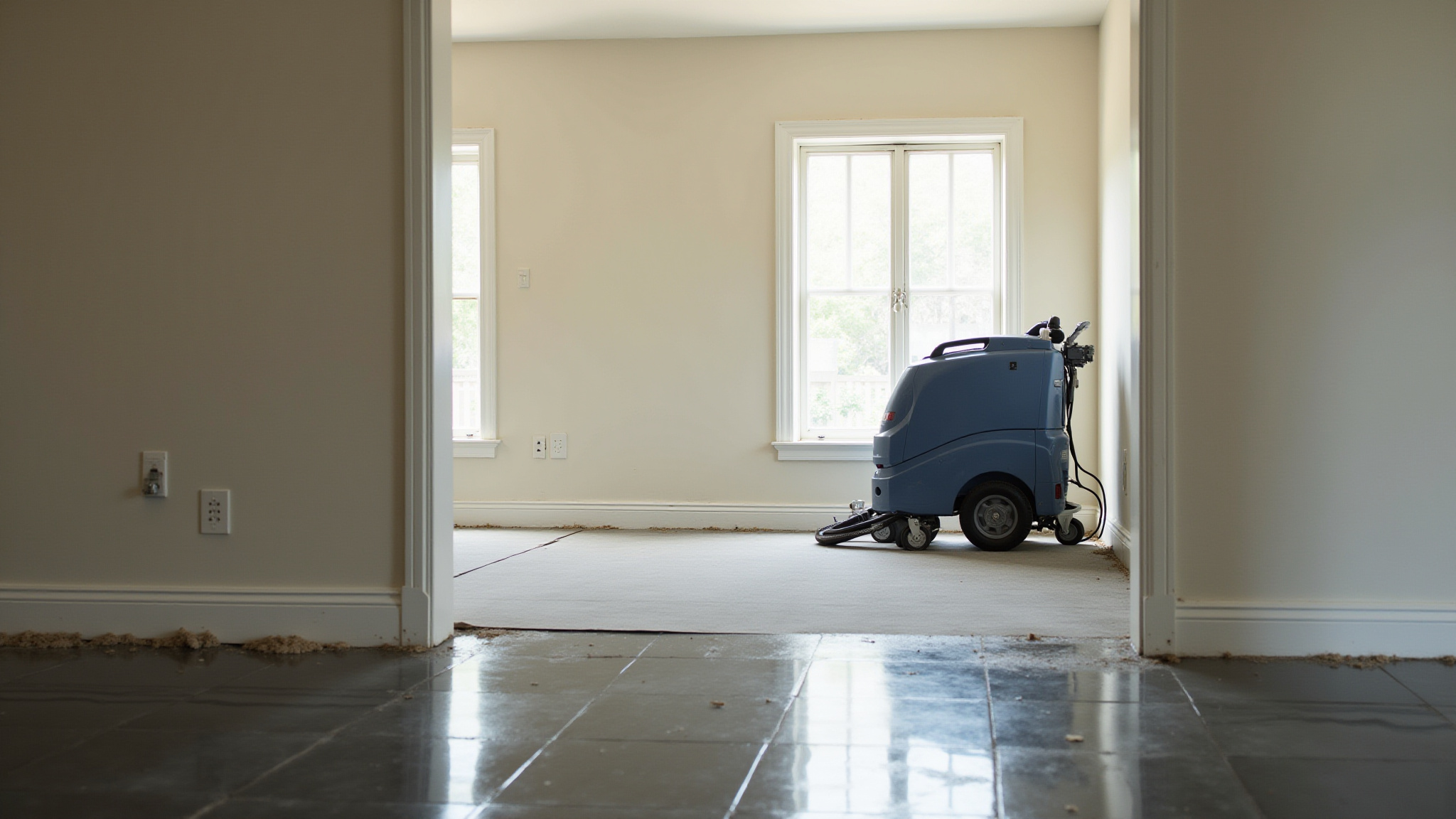 Steam cleaner cleaning a rug during water damage restoration.