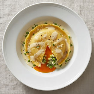 Egg Yolk Raviolo with Pea and Ricotta, Cacio e Pepe (Demo)