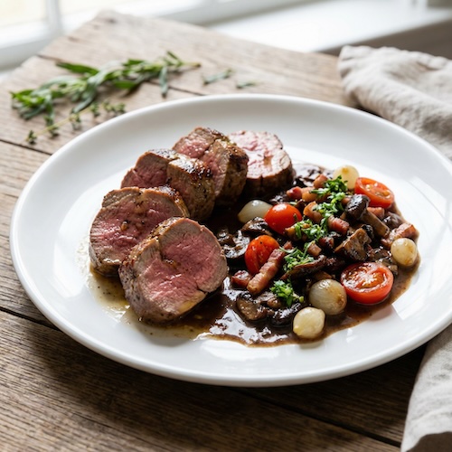 Pan-fried Roe Deer with Chasseur Sauce and Tarragon Gremolata