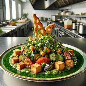 Fattoush Salad with Fried Tomatoes, Eggplant and Feta