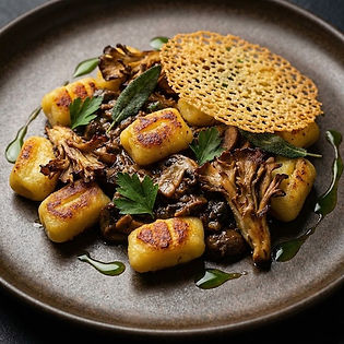 Sautéed Neapolitan Gnocchi with Mushroom Ragù, Forest Mushrooms, Crispy Sage, Einkorn Tuile and Wild Garlic Oil