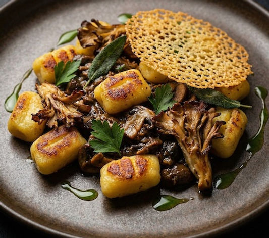 Sautéed Neapolitan Gnocchi with Mushroom Ragù, Forest Mushrooms, Crispy Sage, Einkorn Tuile and Wild Garlic Oil