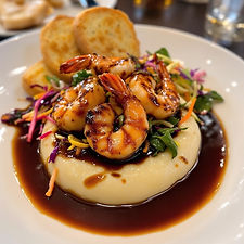 Coffee-Coke Glazed Shrimp and Grits with Rainbow Chard Slaw