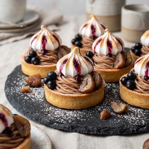 Chestnut and Blackcurrant Meringue Pies