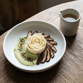 Celeriac rose, shiitake, hazelnut furikake