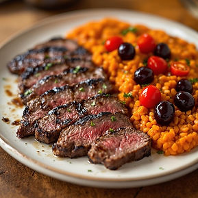 Ribeye with Red Lentil Purée and Sour Cherries