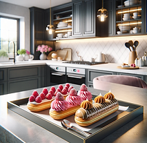 3 raspberry and 3 salted-caramel eclairs