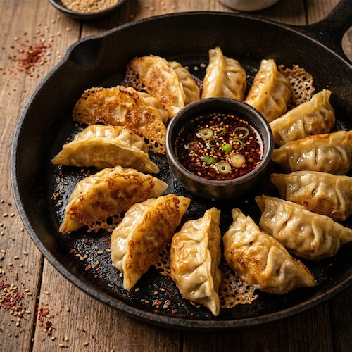 Mushroom and Kimchi Filled Dumplings with a Chili Dipping Sauce