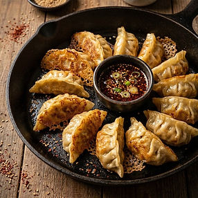 Mushroom and Kimchi Filled Dumplings with a Chili Dipping Sauce