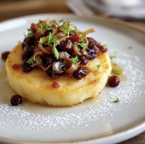 Potato Pave with Burnt Onion and Cherry Jam