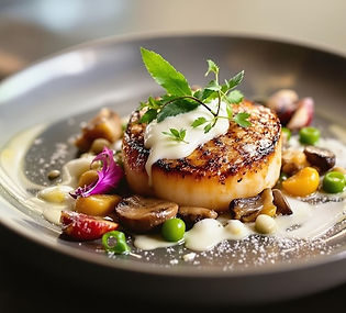 Grilled Mushroom Escovitch, Canadian Bay Scallop, Ajo Blanco and Dawadawa