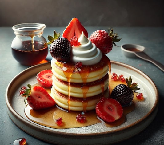 Syrniki with Macerated Strawberries, Whipped Maple Cream and Siberian Pine Cone Jam