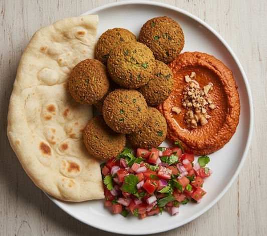 Falafel with Muhammara, Flatbread and Tomato Salad