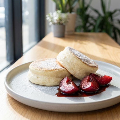 Japanese Soufflé Pancakes with Sake Poached Plums