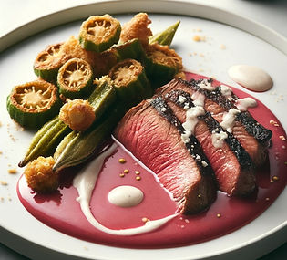 Grilled Flank Steak with Jus and Okra