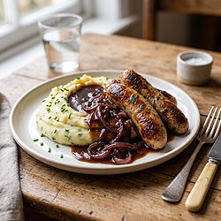 Bangers and Mash with Red Onion Gravy