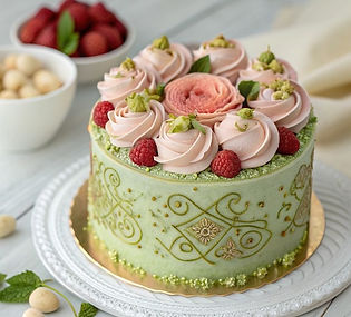 Pistachio Sandwich Cake with Lychee and Rose Buttercream