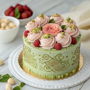 Pistachio Sandwich Cake with Lychee and Rose Buttercream