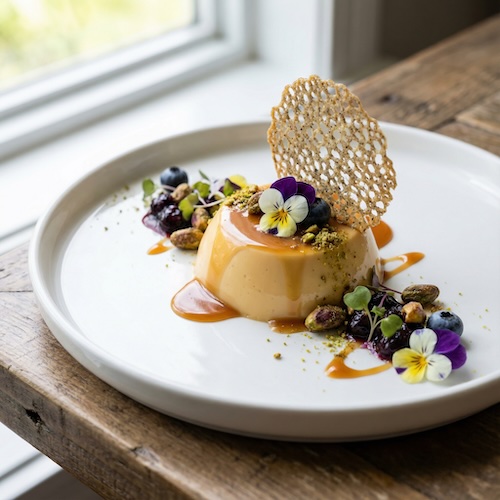 Maple Crémeux with Blueberry, Pistachio and Caramel