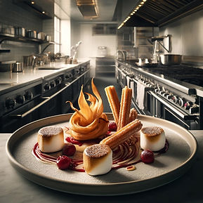 Toasted Marshmallows with Rum and Cherry Sauce, Fried Cinnamon and Sugar fried rice paper