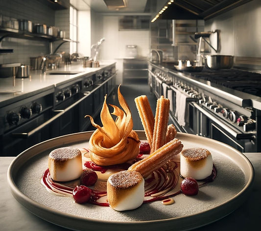 Toasted Marshmallows with Rum and Cherry Sauce, Fried Cinnamon and Sugar fried rice paper