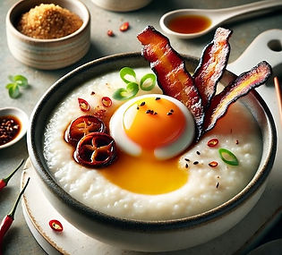 Congee with Maple Bacon Chili Crisp & Soy Maple Jammy Egg