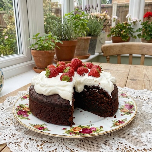 Light Jamaican Black Cake with Strawberries and Cream