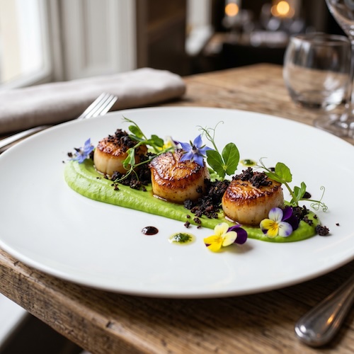 Seared Scallops, Pea Puree