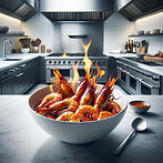 Grilled Prawns with Satsuma & Habanero Sauce, Flambé Mezcal.